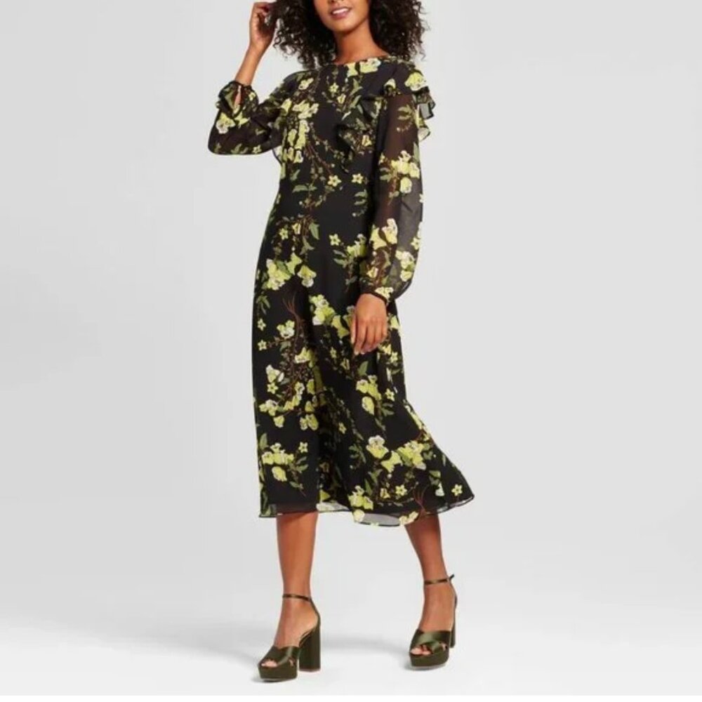 Who What Wear Midi Chiffon Dress M Floral Black Green Boho Ruffle Long Sleeve